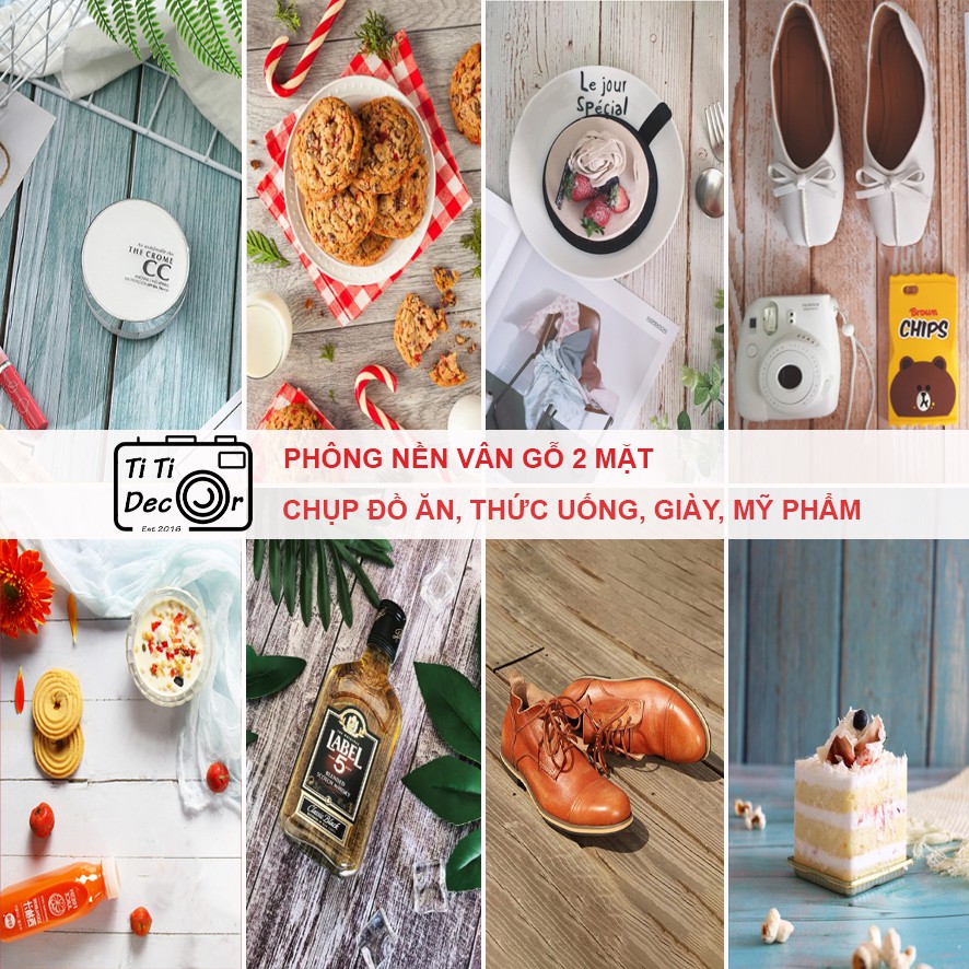 Phông nền vân gỗ chụp đồ ăn, thức uống, giày, mỹ phẩm, phụ kiện 2 mặt