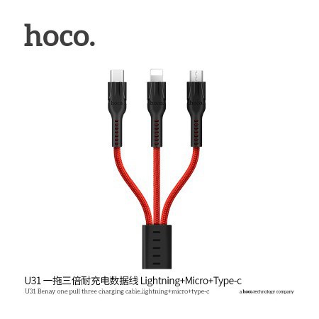 Cáp Sạc Hoco U31 3 Đầu Lightning + Micro USB + Type C- Siêu Bền 1,2 M - Bảo Hành Toàn Quốc