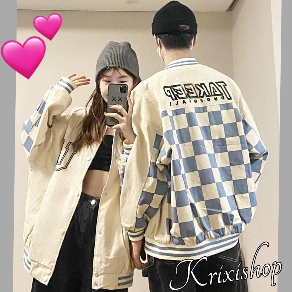 Áo khoác dù bomber unisex nam nữ  9x 10x bàn cờ vua cúc bấm rộng rãi mặc đi học đi chơi hẹn hò