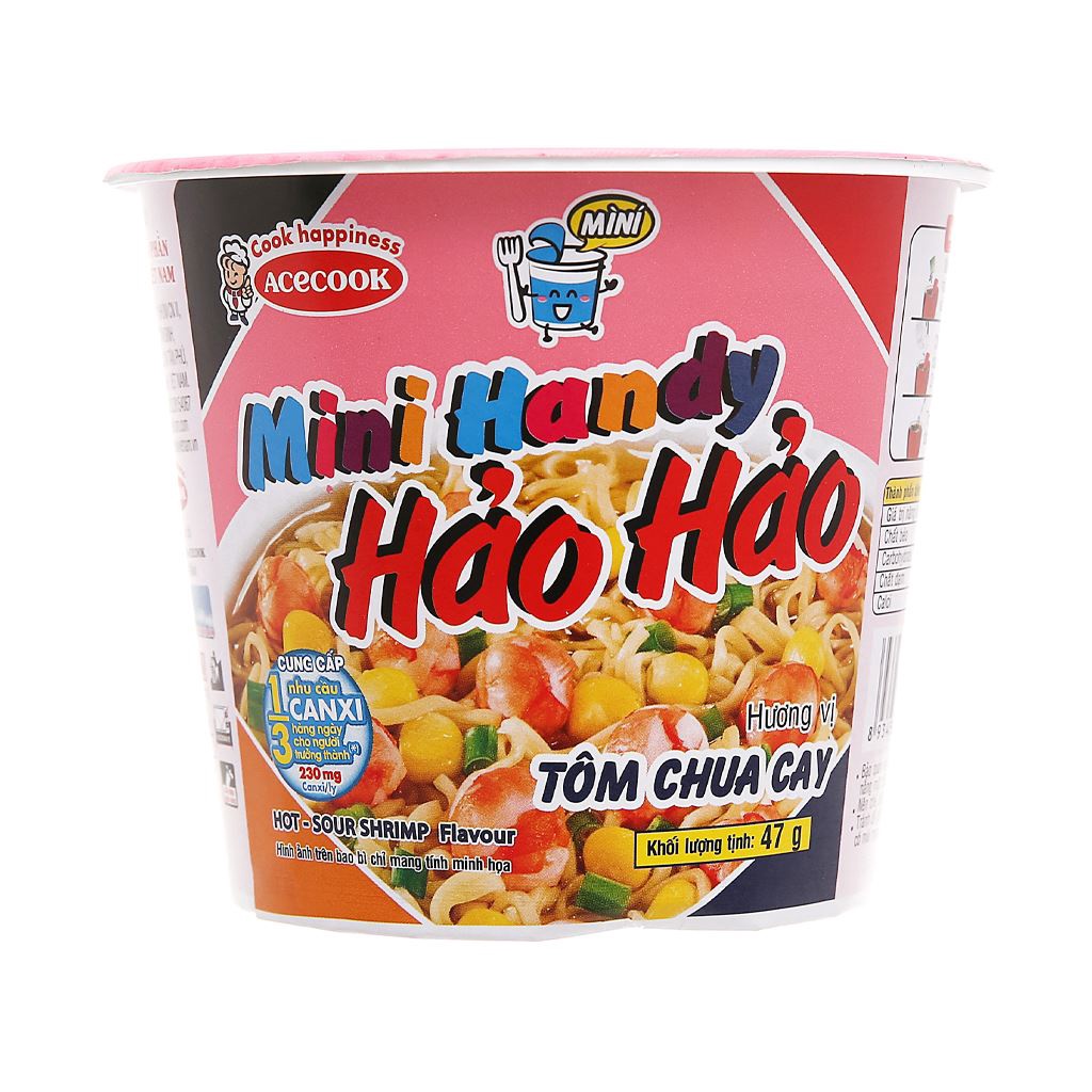 Thùng 12 ly Mì ăn liền Mini Handy Hảo Hảo vị tôm chua cay ly 47g