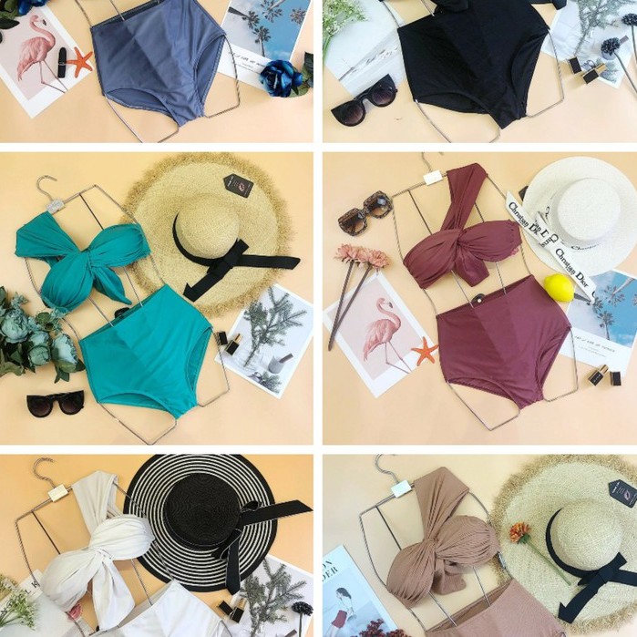 Bộ bơi bikini 2 mảnh lệch vai thắt nơ cạp cao giấu bụng tôn dáng