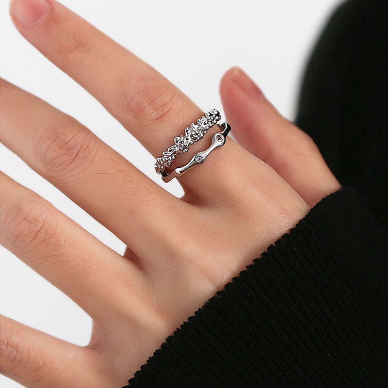 Nhẫn Hở Hai Lớp Đính Kim Cương Phong Cách Retro Thời Trang Dành Cho Nữ