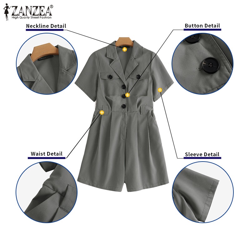 Áo liền quần ZANZEA thiết kế ngắn tay cổ bẻ cài nút trước thời trang cho nữ