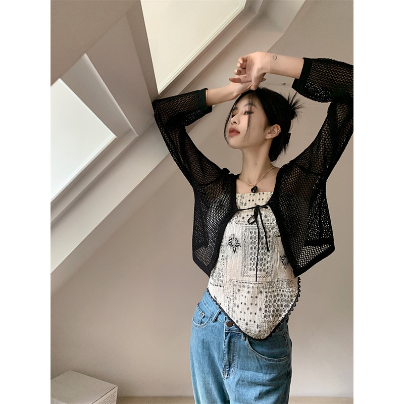 Áo Khoác Cardigan Tay Dài Phối Ren Lưới Thời Trang Hàn Quốc