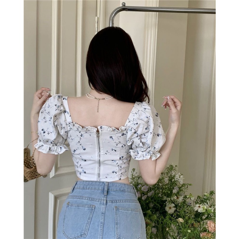 Áo Kiểu Tay Phồng Cổ Vuông In Họa Tiết Hoa Thời Trang Mùa Hè Dành Cho Nữ 2022