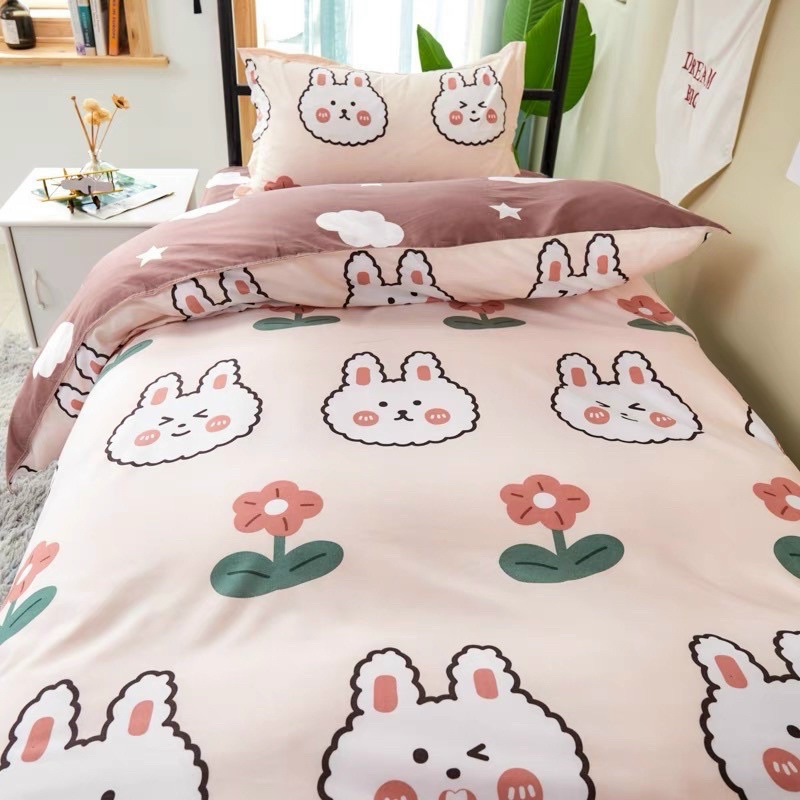 Bộ chăn ga Poly nhập khẩu chần bông dày mẫu Thỏ Hoa Nâu