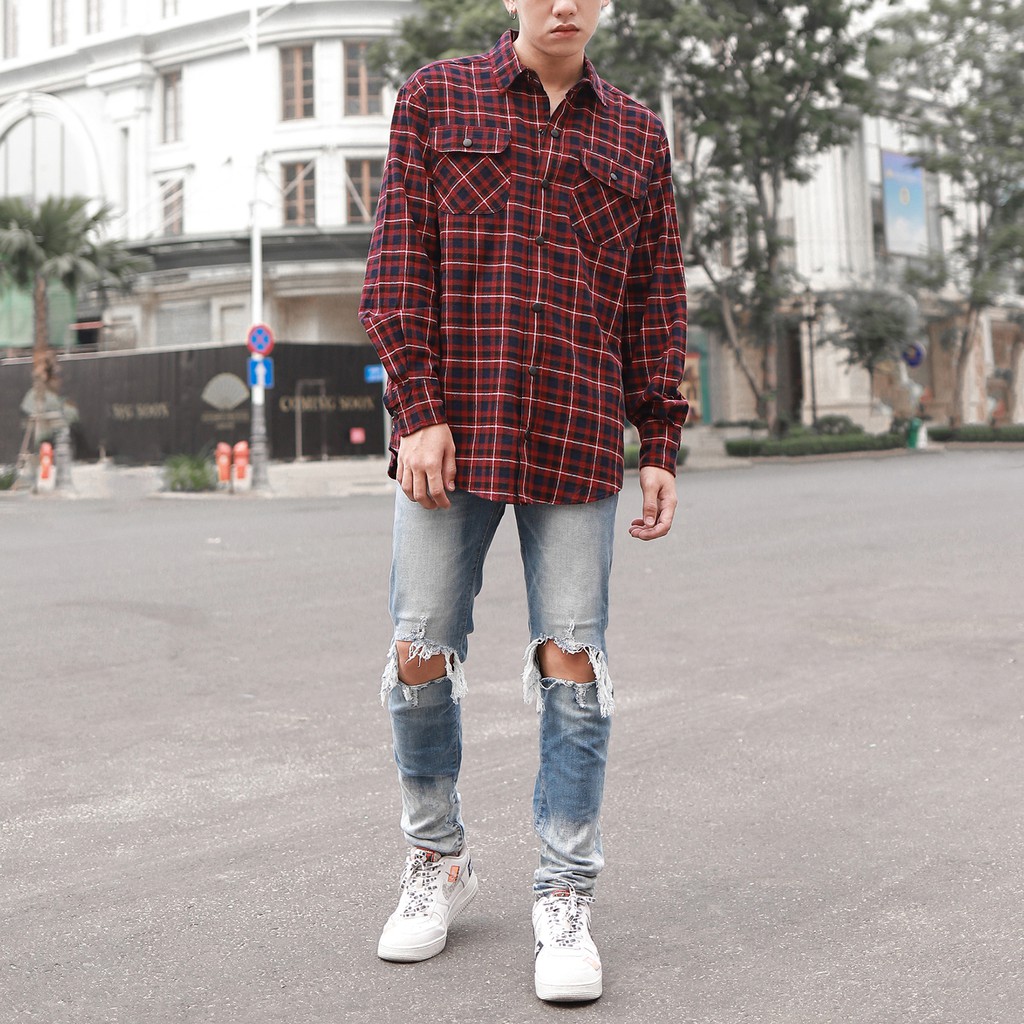 Áo Sơ Mi Flannel Sọc Xanh Đỏ Chất Liệu Cotton Thoáng Mát
