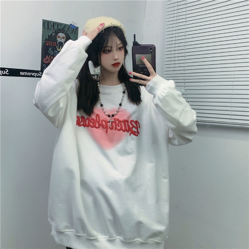 ZHELIHANGFEI Áo Sweater Dáng Rộng Hoạ Tiết Trái Tim Hợp Thời Trang