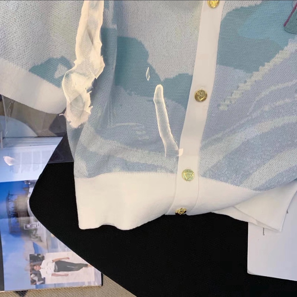 Xiaozhainv Áo cardigan Ngắn Tay Cổ Chữ V Thêu Họa Tiết Màu Sắc Tương Phản retro Cho Nữ