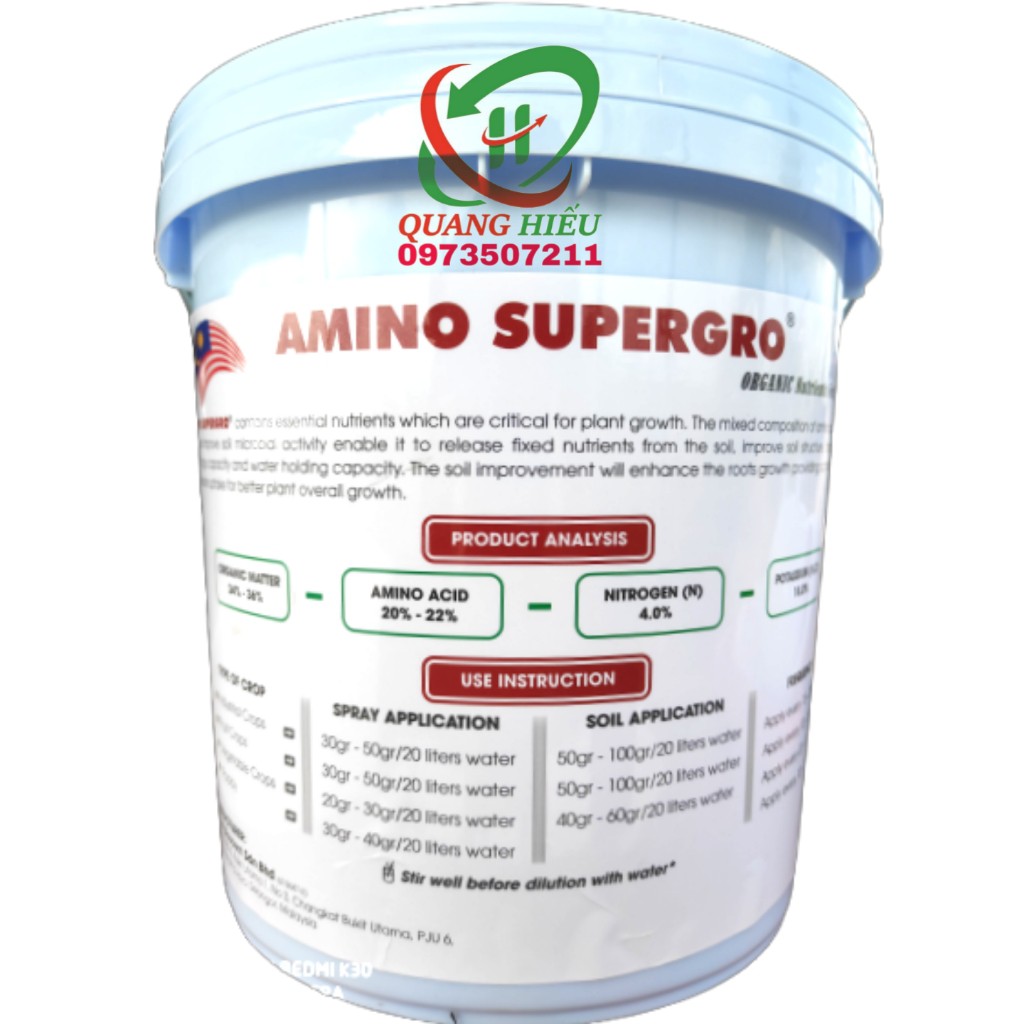 AMINO SUPERGRO Phân bón lá hưu cơ Trung Vi Lượng organic nhập khẩu Malaysia dạng gel  đậm đặc tan 100% hủ 50gr