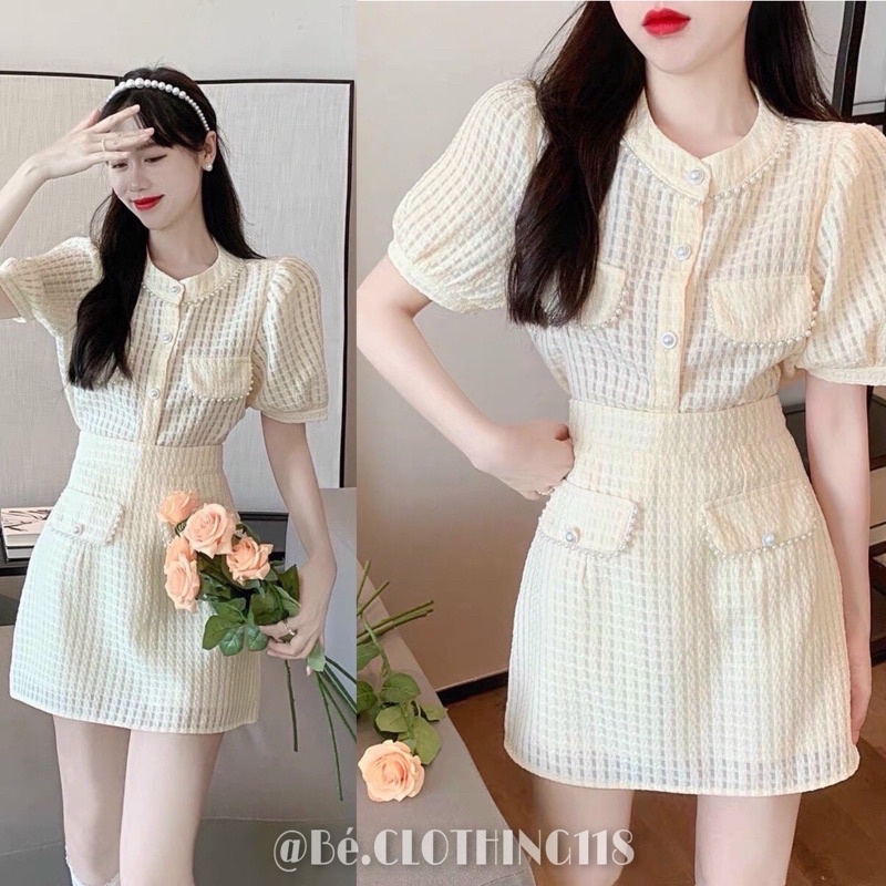 SET ÁO SƠ MI Ô TAY NGẮN VIỀN NGỌC + CHÂN VÁY TÚI