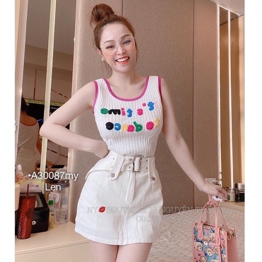 [L2M] Áo len nữ Montoghi dệt kim THÊU CHỮ NỔI Quảng Châu hai dây dáng ôm nhiều màu sắc cực kute