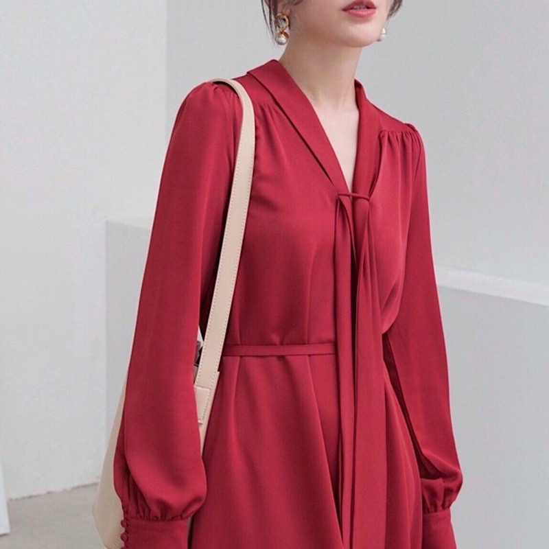 Đầm đỏ tay dài dây cổ (kèm hình thật) | BigBuy360 - bigbuy360.vn