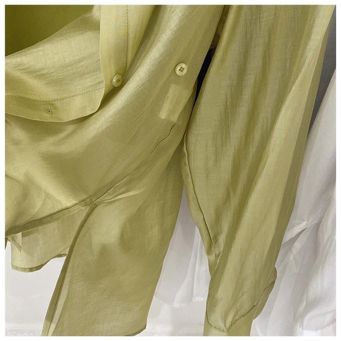 Spot Korean summer women's shirt sunscreen cardigan Tencel cotton side button semi transparent thin shirt jacket sunscreen shirt women's spring and summer loose Long Sleeve Jacket