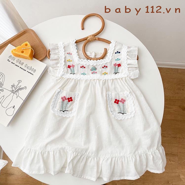 Váy đầm cho bé gái sơ sinh trẻ em đến 2 tuổi BABY112.VN chất liệu cotton thoáng mát mềm mịn thêu họa tiết nhiều hoa B011
