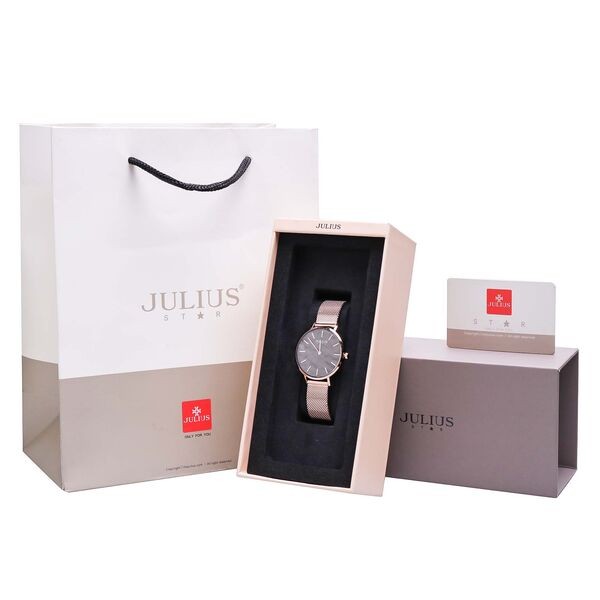 Đồng hồ nữ Julius Star kính sapphire Hàn Quốc JS-027C dây thép ( Đồng mặt đen )