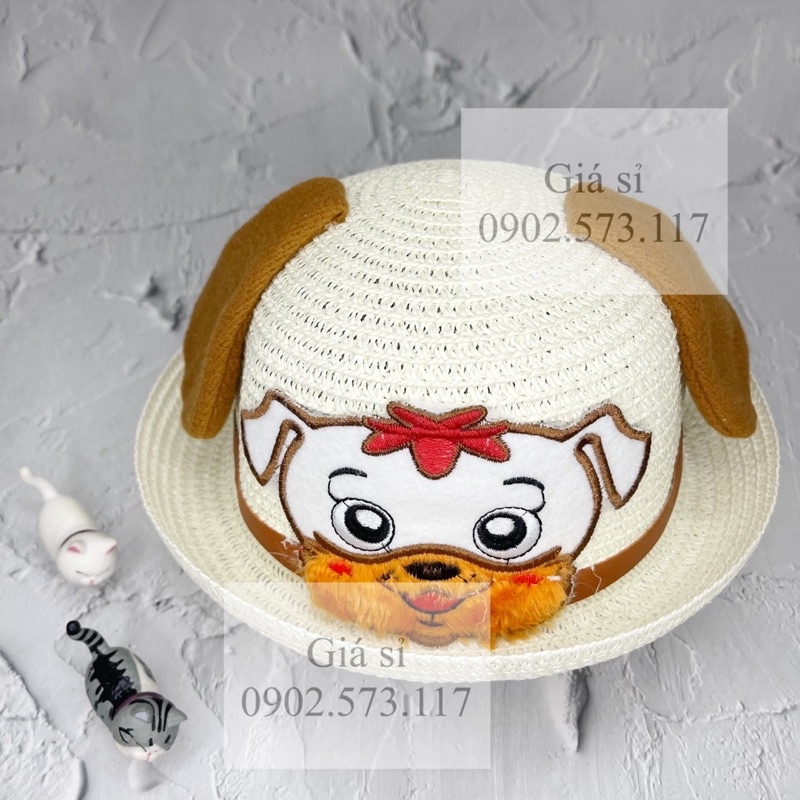 Nón bo cói vành cong đi biển cho bé dưới 5 tuổi hình CHÓ tai nâu siêu cute