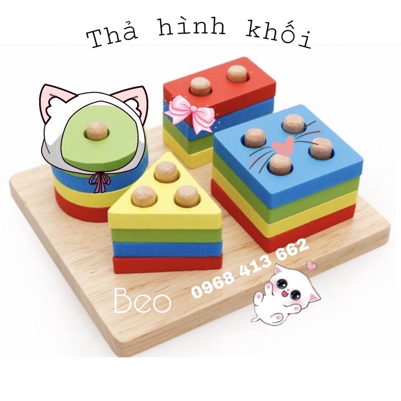[FreeShip - Xả Kho] Bộ xếp hình thả khối 4 cọc trụ bằng gỗ - BEOFAMILY - đồ chơi gỗ, nhiều màu, an toàn cho bé
