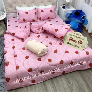 Bộ Chăn Ga Gối Cottong Poly Chần Phao 5 Món- Dâu Hồng