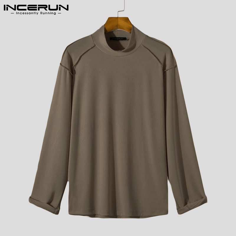 Áo thun INCERUN dáng rộng tay dài cổ cao 3 màu đơn giản thời trang cho nam