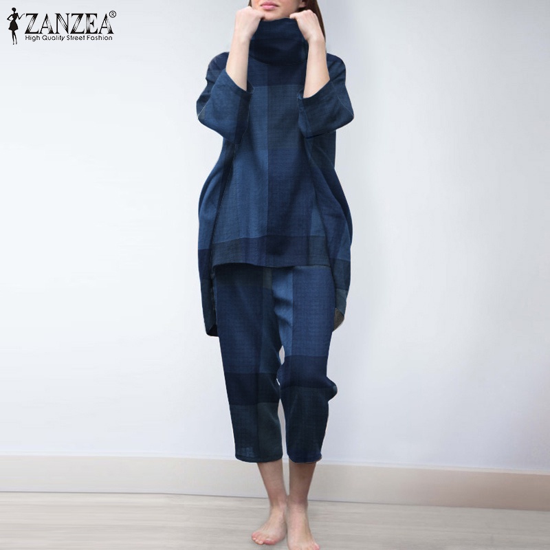 Set bộ ZANZEA gồm áo cổ lọ họa tiết sọc caro + quần ống rộng lưng thun thời trang Châu Âu cho nữ