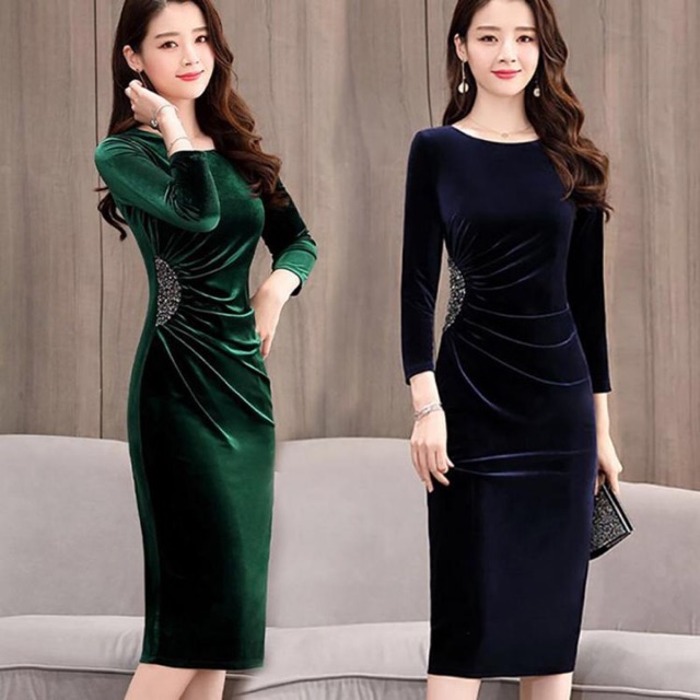 Đầm dự tiệc nhung ôm body eo đính đá size M L Xl 2Xl