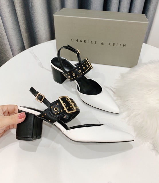 Sandal cnk mũi nhọn quai bản to viền đinh gót trụ xuất dư fullbox