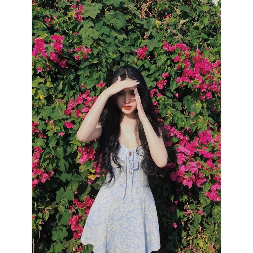 💧 ĐẦM XANH NỀN HOA KHOEN CÚP NGỰC CỔ YẾM
