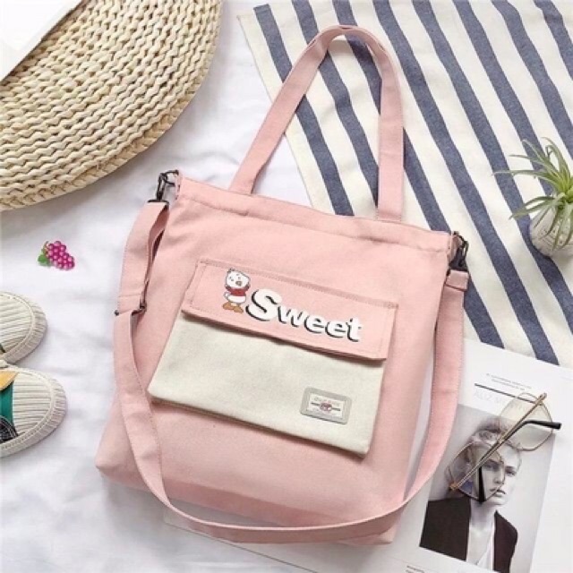 [TRỢ GIÁ] Túi ToTe Thời trang chữ SWEET kiểu mới hình con vịt có khoá kéo mang hai kiểu  vừa A4 style KITI SHOP