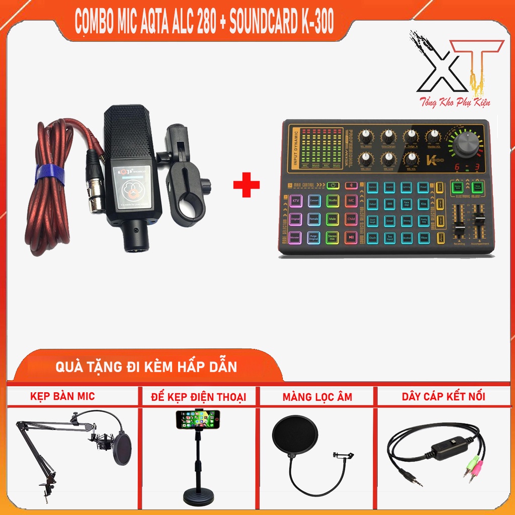 Combo Thu Âm Livestream Mic AQTA ALC-280 + Soundcard K-300, cho âm thanh live đỉnh cao, nhiều hiệu chỉnh theo sở thích