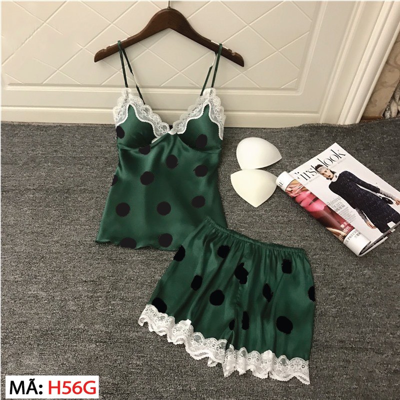 HISEXY Đồ Bộ Ngủ Chấm Bi Có Mút Ngực Quần Cộc Lụa Satin Có Mút Ngực MS38 | BigBuy360 - bigbuy360.vn