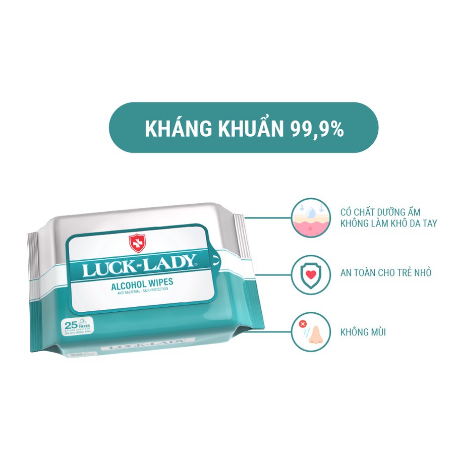 Khăn ướt cồn diệt khuẩn LuckLady không nắp 25 tờ/gói - Combo 12 gói