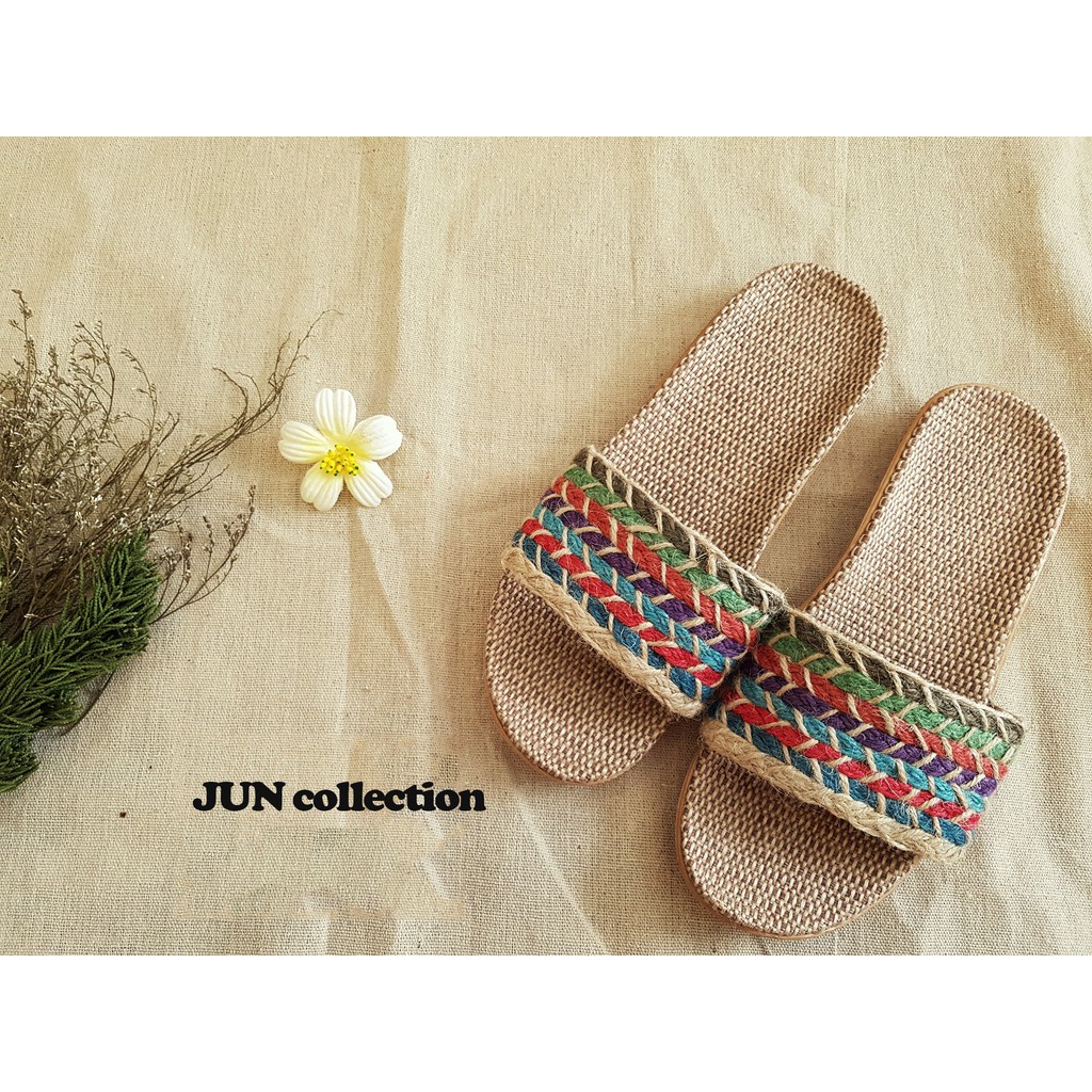 Dép cói quai ngang thổ cẩm vintage, mang nhà, đi làm, đi chơi, đi biển, Hàn Quốc