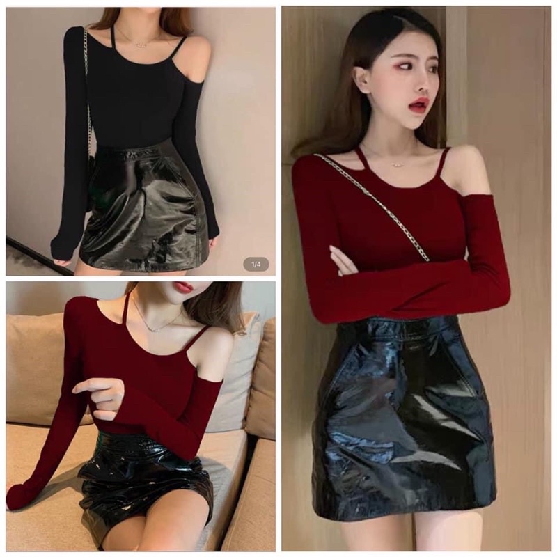 Áo thun croptop tay dài phối dây thời trang cho nữ