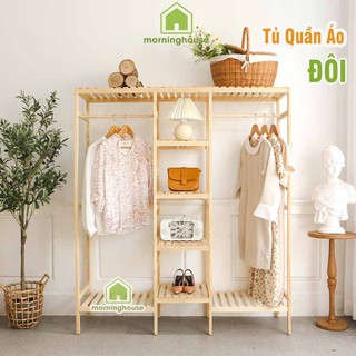 Tủ Treo Quần Áo Gỗ Morning House 135x150 cm. Tủ Quần Áo Gỗ Lắp Ráp Triple Hanger