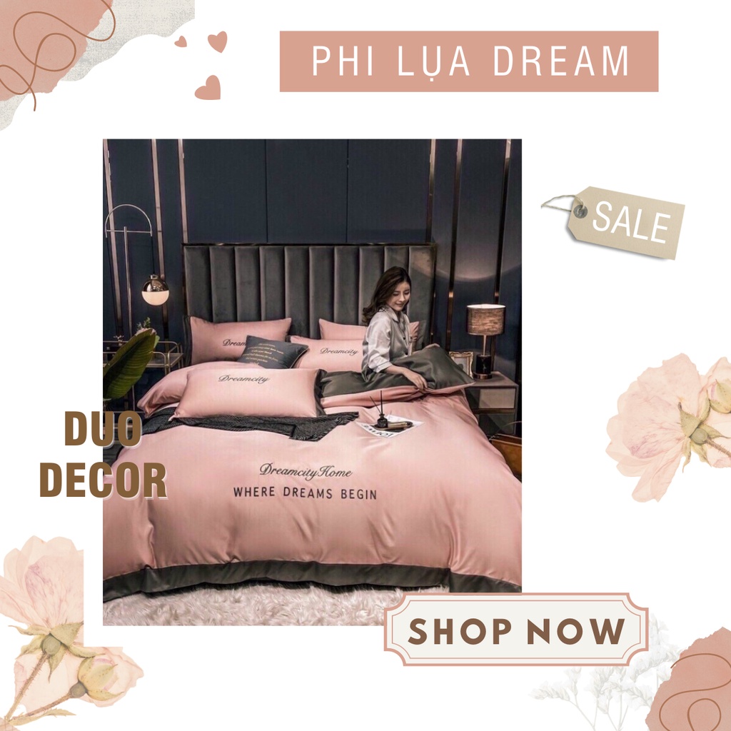 Set chăn ga gối phi lụa Dream City, ga gối phi lụa trơn cao cấp nhập khẩu Duo Decor