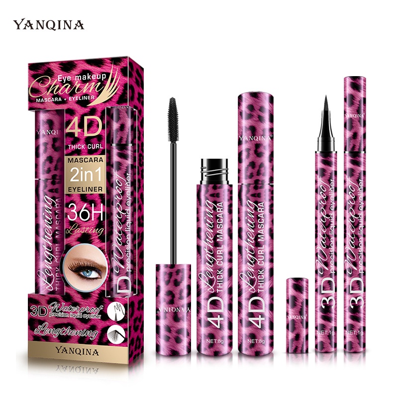 [Hàng mới về] Bộ mascara và bút kẻ mắt Yanqina làm dày và cong mi không thấm nước vỏ in họa tiết da báo