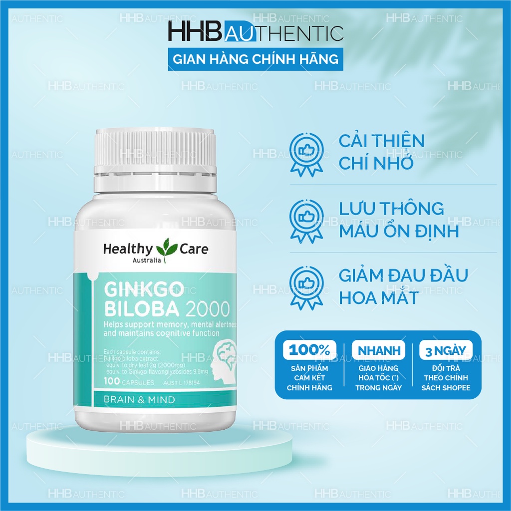 Viên Uống Bổ Não tăng cường trí nhớ Heathy Care GINKGO BILOBA 2000 mẫu mới - Xuất xứ Úc