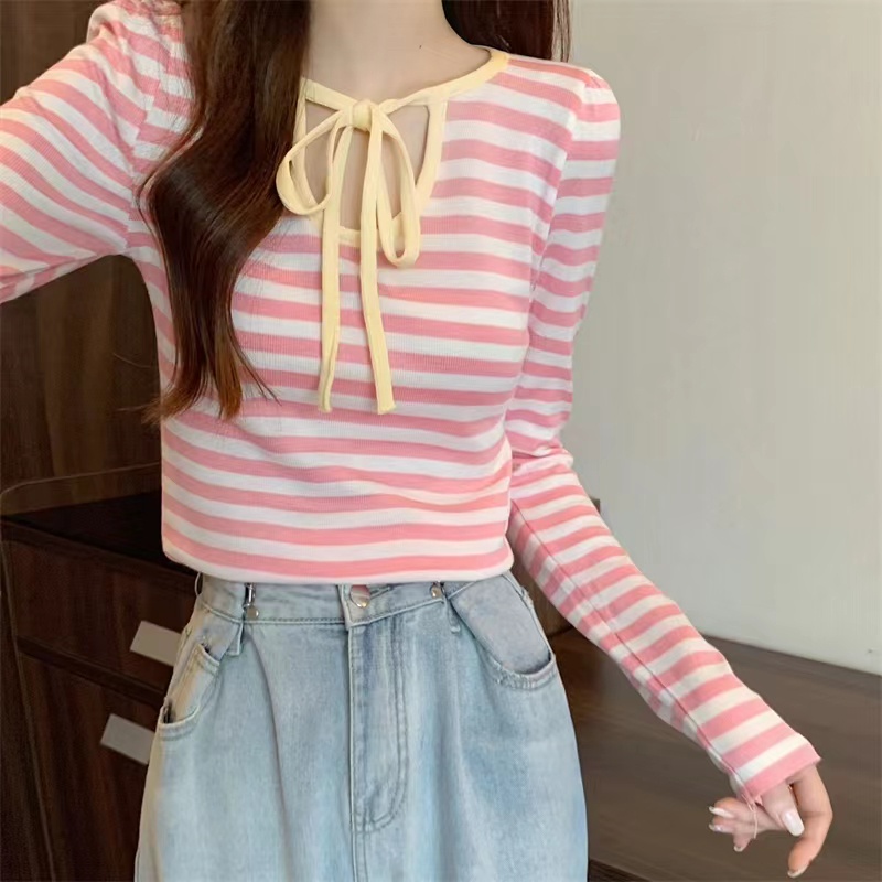 【ZHELIHANGFEI】Áo Dệt Kim Tay Dài Lưng Cao Kẻ Sọc Cá Tính Thời Trang