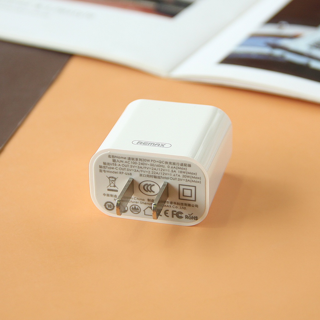 Củ Sạc Nhanh 2 Cổng 20W Chính Hãng Remax RP-U68 20w PD3.0 và QC3.0 sạc đầy 50% pin chỉ 30 phút Remax Bảo Hành 12 Tháng