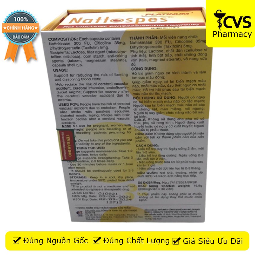 Nattospes Platinum hỗ trợ làm tan cục máu đông hộp 30 viên - Cvspharmacy