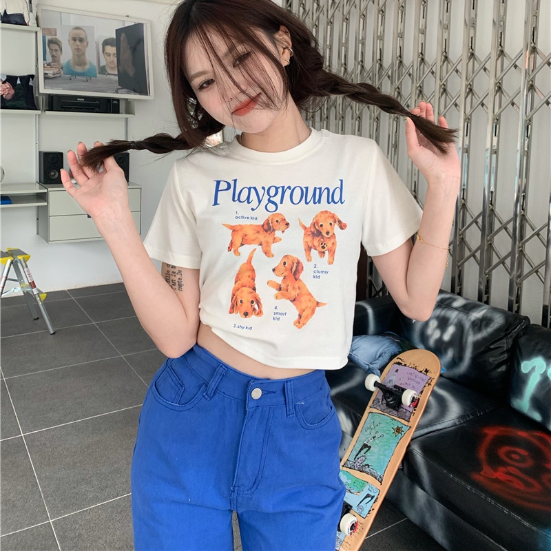 Áo Thun Crop Top Tay Ngắn Cổ Tròn In Hình Chú Chó Hoạt Hình Dễ Thương