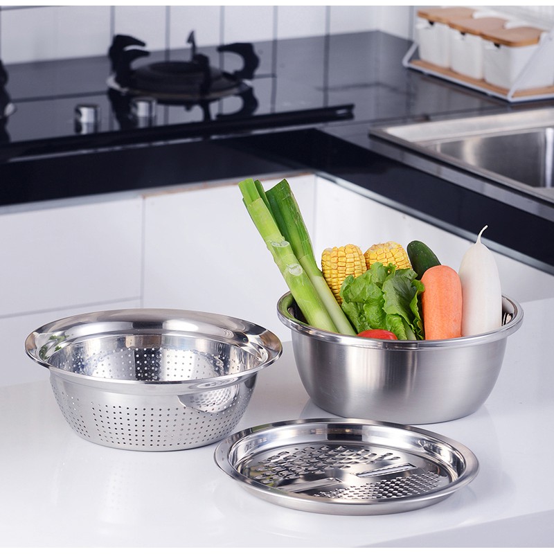 Bộ Rổ Inox Kèm Nạo Rau Củ Inox 3 Chi Tiết - Rổ Nạo Nồi