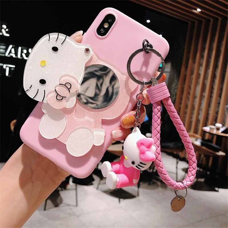 Ốp Điện Thoại Gắn Gương Hình Mèo Hello Kitty 3d + Dây Đeo Cho Iphone 12 Mini 11 Pro Xs Max X Xr 7 8 6 6s Plus Se Đứng