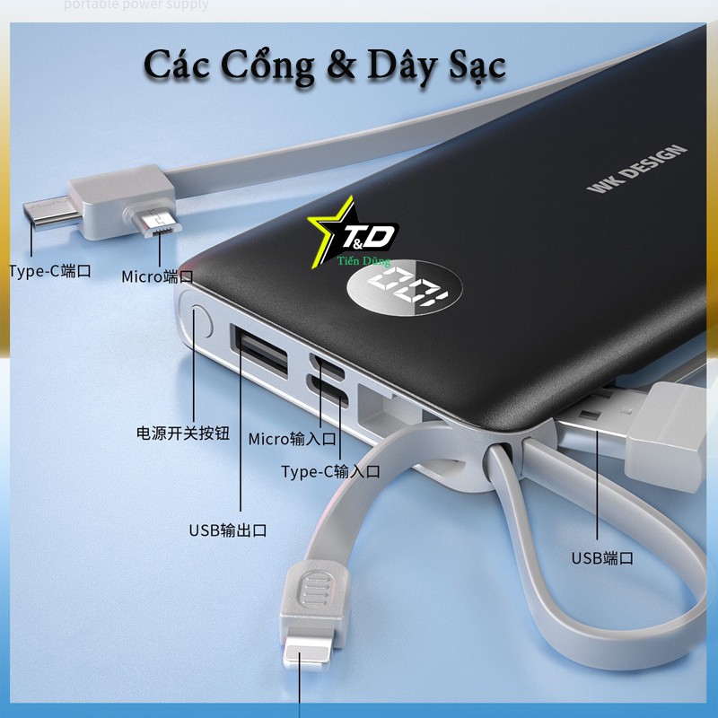 SẠC DỰ PHÒNG WK DESIGN WP-153 DUNG LƯỢNG 10.000MAH CÓ ĐÈN LEN HIỂN THỊ PIN CÓ CÁC DÂY SẠC CHÂN LIGHTNING  MICRO TYPE - C