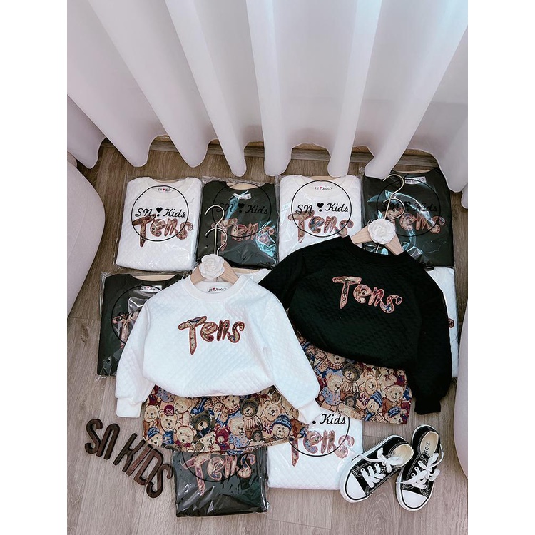 Bộ Quần Áo Trẻ Em Dài Tay Thu Đông Áo In Chữ TENS Chân Váy Dạ Gấu Vải Cotton Cho Bé Từ 10-30kg Mã DT44