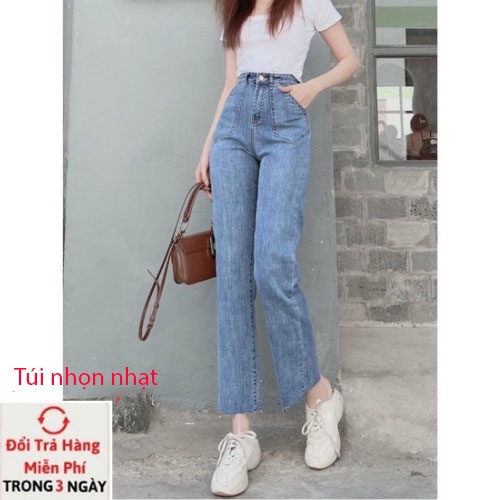 Quần bò ống đứng quần jean bò ống suông jeans nữ cạp cao ống rộng cắt gấu co dãn 4 chiều-MInxy shop