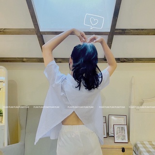 Áo sơ mi nữ tay ngắn vải xốp đũi kiểu hở lưng đắp chéo sau 3 màu freesize Pumi
