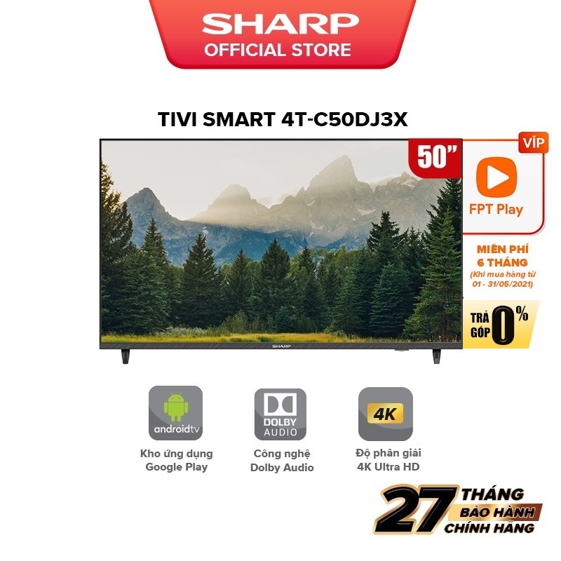 [Mã ELBAU7 giảm 7% đến 1TR][New model] TV LED 4K 50inch Sharp 4T-C50DJ3X SX Thái Lan [Android 10, có Giọng Nói]