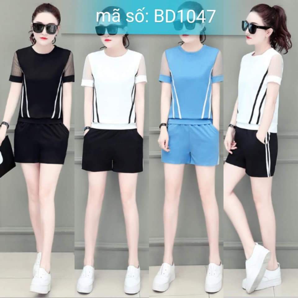 BD1047 Set nguyên bộ đồ thể thao short áo phối sọc tay ren lưới cách điệu sang trọng